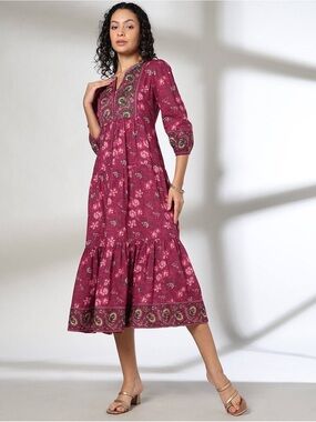 FUSION Women's Floral Embroidered Peasant Red Midi Dress
